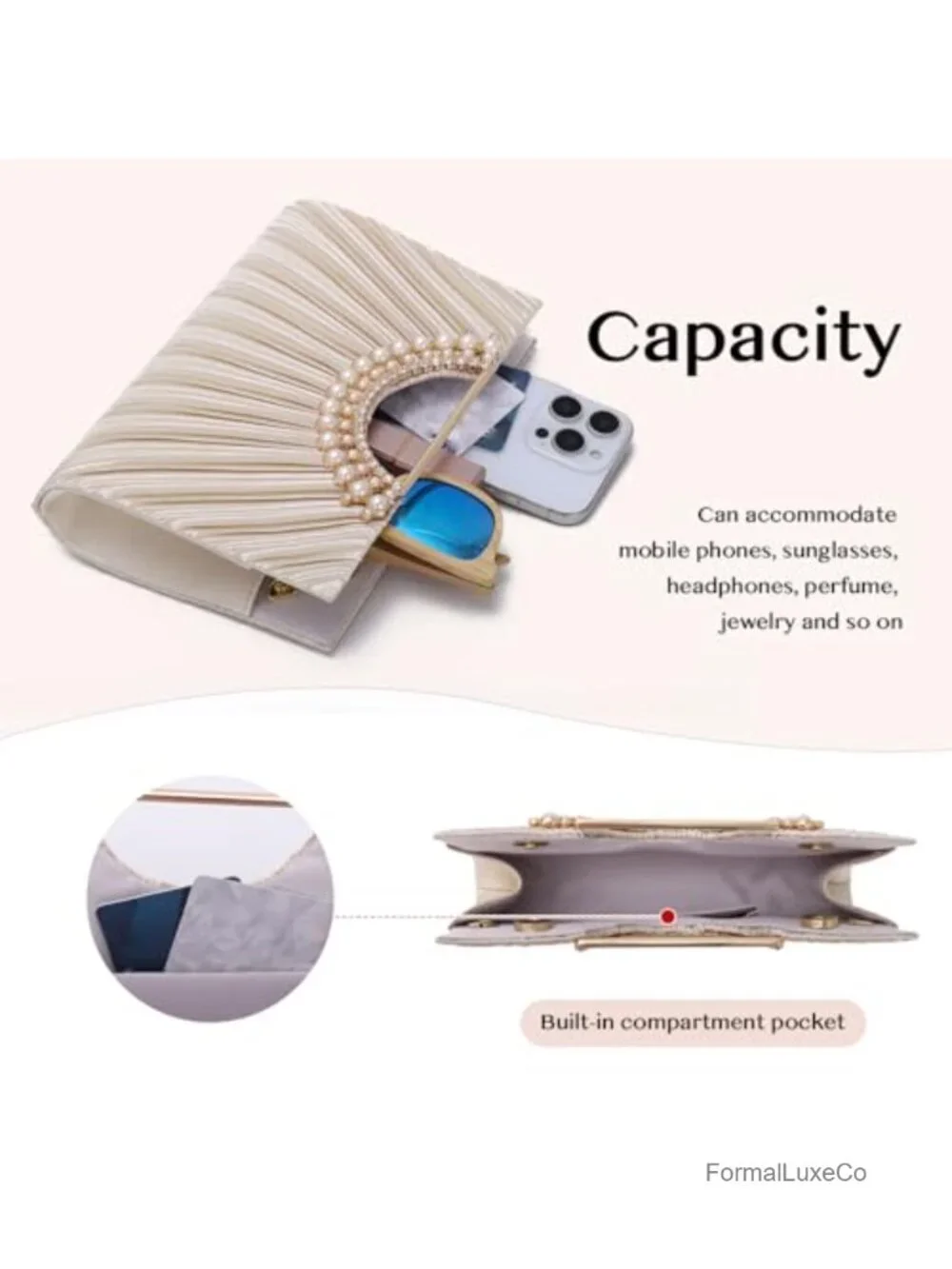 Pleated Satin Clutch Evening Bag Fits Large Smartphones Chain Strap